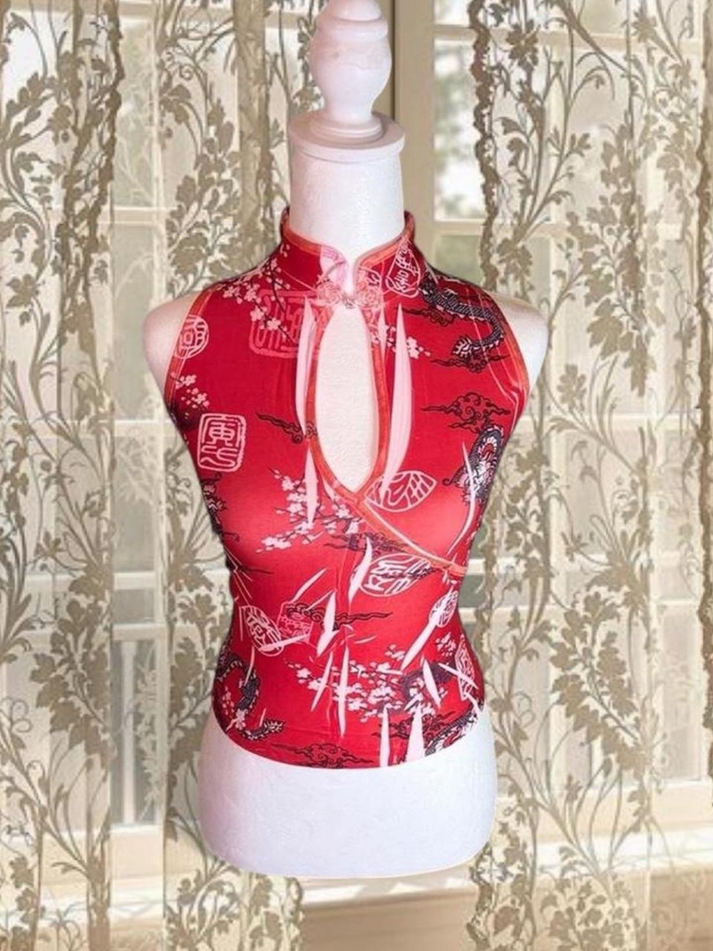 Vintage Y2K Deadstock Red Cherry Blossom Open Front Cami Top